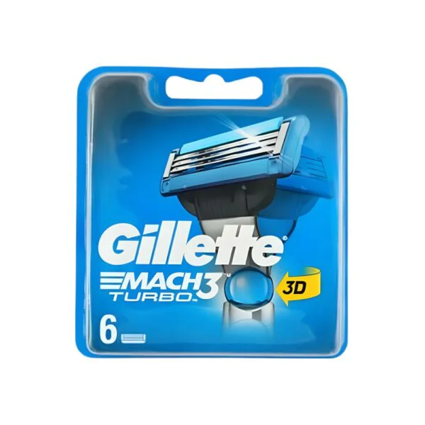 Gillette Mach3 Turbo 3D refill cartridge pack of 6 with triple blades and comfort strip for close and smooth shaving in Pakistan.